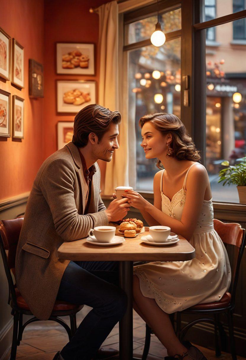 A romantic scene depicting a couple in an intimate coffee shop, sharing playful glances and subtle flirtations over a table with heart-shaped pastries. Warm ambient lighting casts a soft glow, with delicate heart motifs in the background and stylish decor that enhances the mood of seduction and connection. super-realistic. warm tones. cozy atmosphere.