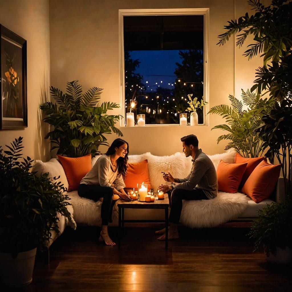 A warm and inviting scene depicting a couple in an intimate setting, surrounded by soft candlelight and plush pillows, sharing a deep conversation. The background features subtle hints of modern decor and lush greenery, symbolizing passion and connection. Include touches of vibrant colors to evoke emotions of desire and love. super-realistic. warm tones. cozy atmosphere.