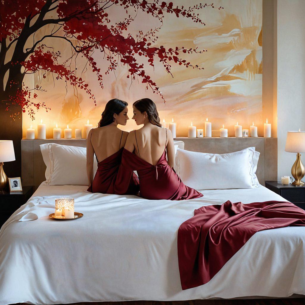 A serene and intimate setting, featuring a softly lit room with plush pillows, delicate silk sheets, and candles casting gentle shadows. Include two abstract figures, gracefully intertwined, symbolizing connection and sensuality. Delicate blossoms scattered around evoke tenderness and passion. The color palette should be warm and inviting, with deep reds and soft golds blending harmoniously. painting. vibrant colors.